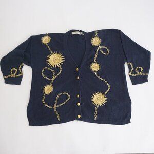 Vintage Maggie Lawrence Navy Gold Sun Chain Embroidered Knit Cardigan 22/24
